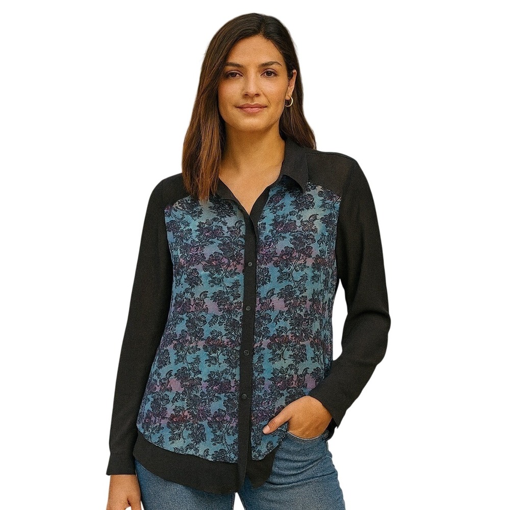 Olsenboye Retro Chic Floral Print Blouse Button Down Long Sleeve Top Shirt S‎